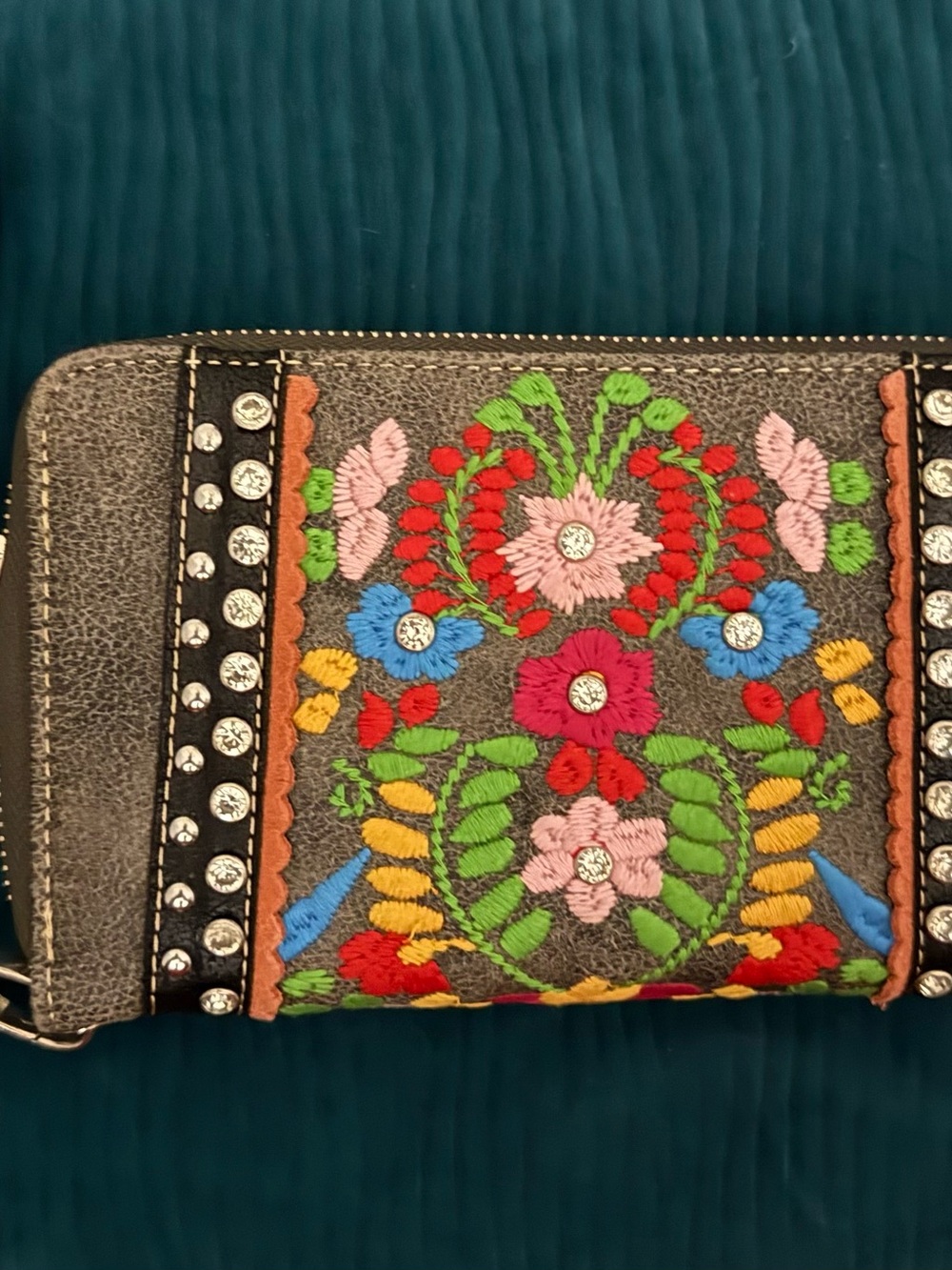 Montana West Gray Embroidered Floral Wallet with Rhinestones